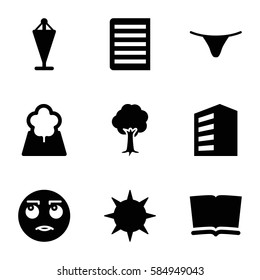 element icons set. Set of 9 element filled icons such as building, female underwear, flag, rolling eyes emot, tree, document, sun
