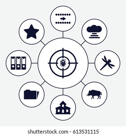 Element Icons Set. Set Of 9 Element Filled Icons Such As Hog, Building, Dna, Folder, Dragonfly, Arrow, Cloud Connection, Star