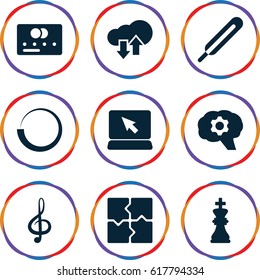 Element icons set. set of 9 element filled icons such as credit card, puzzle, themometer, treble clef, chess king, download upload cloud, gear, laptop