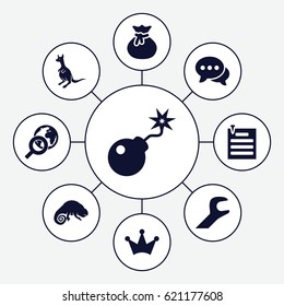 Element icons set. set of 9 element filled icons such as kangaroo, chameleon, Crown, chat, bomb, paper pin, wrench, globe search