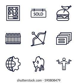 element icons set. Set of 9 element outline icons such as man with flags, buffalo, burger with pepper, bow, sold tag, fence, abacus, clobe gear
