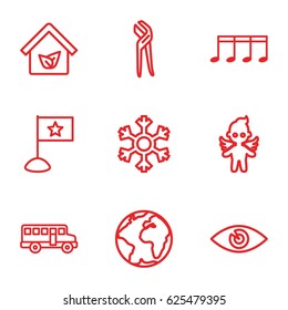 Element icons set. set of 9 element outline icons such as pliers, eye, angel, music note, eco house, snowflake, bus, flag