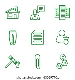Element icons set. set of 9 element outline icons such as house building, building, hammer, underpants, man with chat bubblle, document, gear, paper clip