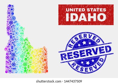 Element Idaho State map and blue Reserved grunge seal. Rainbow colored gradiented vector Idaho State map mosaic of mechanics parts. Blue round Reserved seal.