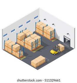 Element infographics presents work inside the warehouse, shipment of goods is carried out with a forklift isometric icon set, vector graphic illustration