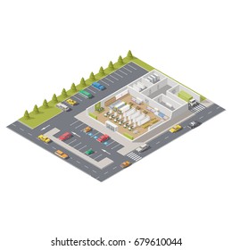 Element infographics representing a supermarket in section with parking located on street vector graphic illustration design