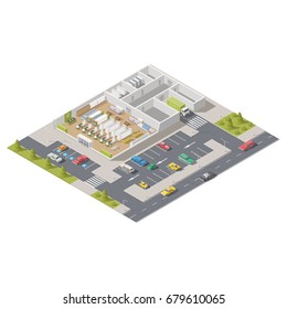 Element infographics representing a supermarket in section with parking located on a street vector graphic illustration design