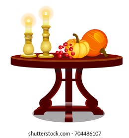 Element of interior design on theme of golden autumn and thanksgiving day isolated on a white background. Lighted candles, ripe miniature pumpkin. Vector cartoon close-up illustration.