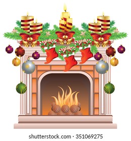 Element of the interior living room classic fireplace decorated for Christmas.