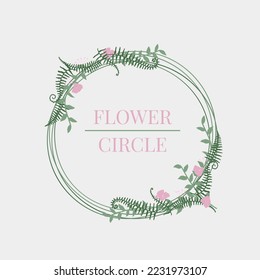 Element for invitation, greeting, wedding, card, postcard. Pink flower and green fern round in space for your text. 