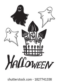 Elemento aislado en el fondo blanco. Los fantasmas de los cerezos vuelan desde el sombrío castillo en diferentes direcciones. garabato. Grabación manuscrita. Halloween. Se puede utilizar en papel infantil