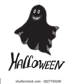 Element isolated on white background. A cheerful ghost in a black robe. A ghost with a smile. doodle. Handwritten lettering. Halloween. Ideal for decorating a holiday: poster, invitation, postcard.