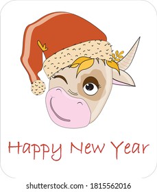 Element isolated on white. Happy new year lettering. Small winking goby. Cheerful symbol of the new year with a red cap. Behind the horn and ear is a sprig of mistletoe. New Year and Christmas card.