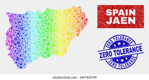 Element Jaen Spanish Province map and blue Zero Tolerance grunge seal. Spectral gradient vector Jaen Spanish Province map mosaic of mechanic units. Blue round Zero Tolerance seal.