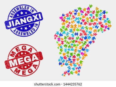 Element Jiangxi Province map and blue Assembled seal stamp, and Mega grunge stamp. Colored vector Jiangxi Province map mosaic of puzzle connectors. Red rounded Mega seal.