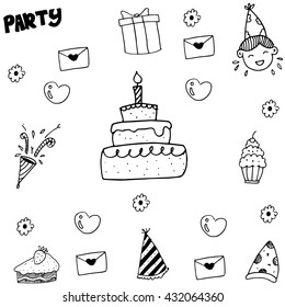 Element kids party doodle vector balck and white backgrounds