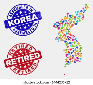 Element Korea map and blue Assembled seal stamp, and Retired scratched seal. Colored vector Korea map mosaic of bundle elements. Red round Retired seal.