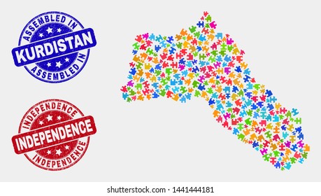 Element Kurdistan map and blue Assembled stamp, and Independence scratched stamp. Colorful vector Kurdistan map mosaic of puzzle units. Red rounded Independence badge.