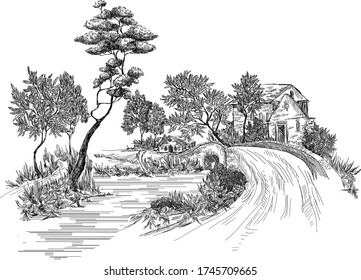 Element with landscape with river country house, trees, bridge and road in toile de jouy stile in black and white color