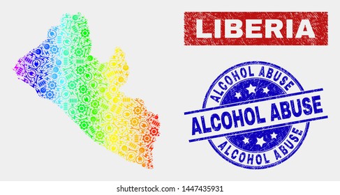 Element Liberia map and blue Alcohol Abuse grunge seal. Spectral gradiented vector Liberia map mosaic of service. Blue round Alcohol Abuse seal.