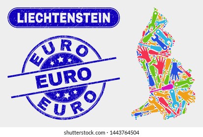 Element Liechtenstein map and blue Euro distress seal stamp. Colored vector Liechtenstein map mosaic of tools. Blue rounded Euro stamp.