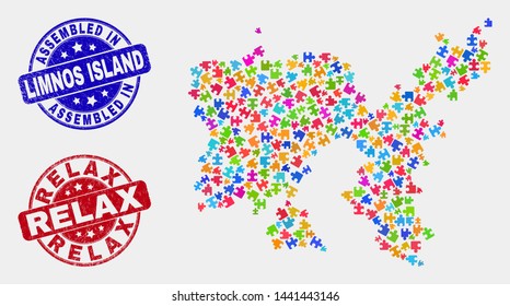 Element Limnos Island map and blue Assembled seal stamp, and Relax scratched seal stamp. Colored vector Limnos Island map mosaic of plugin parts. Red round Relax stamp.