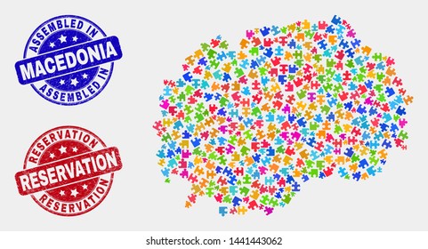 Element Macedonia map and blue Assembled seal stamp, and Reservation textured seal stamp. Colored vector Macedonia map mosaic of puzzle connectors. Red round Reservation stamp.