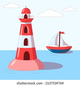 Element of marine landscape. Vector illustration with lighthouse, sea, ship and sky with clouds in flat style.