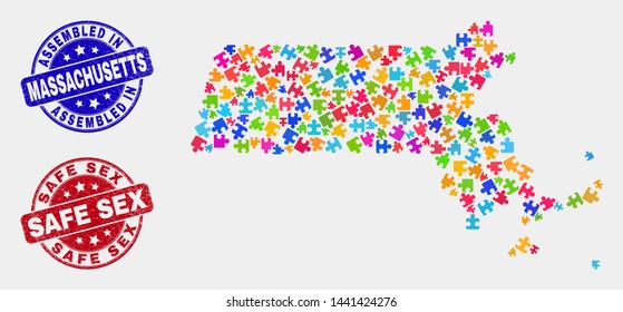 Element Massachusetts State map and blue Assembled stamp, and Safe Sex scratched seal stamp. Bright vector Massachusetts State map mosaic of puzzle. Red round Safe Sex stamp.