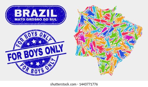 Element Mato Grosso do Sul State map and blue For Boys Only scratched stamp. Colored vector Mato Grosso do Sul State map mosaic of service. Blue rounded For Boys Only stamp.