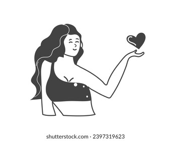 Element of menstruation themed set. A girl drawn with a black outline in this illustration feels in harmony with her body. Vector illustration.