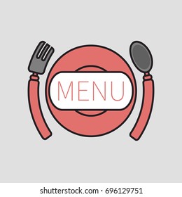 Element for menu. Table setting. Fork, spoon and plate. Vector illustration for cafe, restaurant
