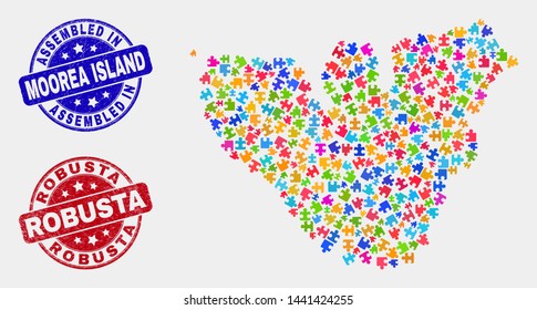 Element Moorea Island map and blue Assembled seal, and Robusta grunge seal stamp. Colored vector Moorea Island map mosaic of plugin elements. Red round Robusta seal.