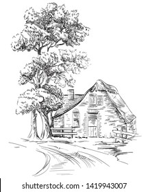 element, motif with countryside landscape with trees and house in toile de jouy style, black and white