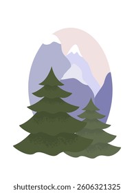 An element of a mountain landscape, where evergreen trees are visible in the foreground in a quiet setting, and majestic snow-capped mountains rise in the background. 