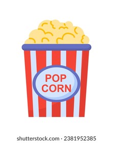 Element for movie production concept. Pop corn in basket. Entertainment and leisure, fun, cinema industry. Dessert and delicacy. Cartoon flat vector illustration isolated on white background
