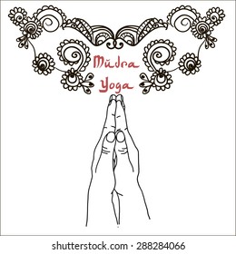 Element mudra namaste yoga hands with mehendi patterns. Vector illustration for a yoga studio, tattoo, spa, postcards, souvenirs. Indian traditional lifestyle.