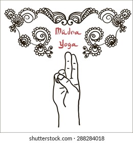 Element mudra yoga hands with mehendi patterns. Vector illustration for a yoga studio, tattoo, spa, postcards, souvenirs. Indian traditional lifestyle.