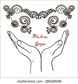 Element mudra yoga hands with mehendi patterns. Vector illustration for a yoga studio, tattoo, spa, postcards, souvenirs. Indian traditional lifestyle.