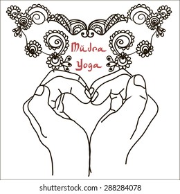 Element mudra yoga hands with mehendi patterns. Vector illustration for a yoga studio, tattoo, spa, postcards, souvenirs. Indian traditional lifestyle.