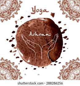 Element mudra yoga hands with mehendi patterns. Vector illustration for a yoga studio, tattoo, spa, postcards, souvenirs. Indian traditional lifestyle.