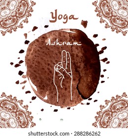 Element mudra yoga hands with mehendi patterns. Vector illustration for a yoga studio, tattoo, spa, postcards, souvenirs. Indian traditional lifestyle.Pran Mudra 