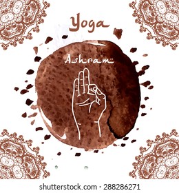 Element mudra yoga hands with mehendi patterns. Vector illustration for a yoga studio, tattoo, spa, postcards, souvenirs. Indian traditional lifestyle.