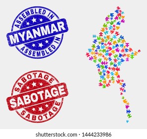 Element Myanmar map and blue Assembled stamp, and Sabotage textured seal stamp. Bright vector Myanmar map mosaic of bundle items. Red round Sabotage stamp.