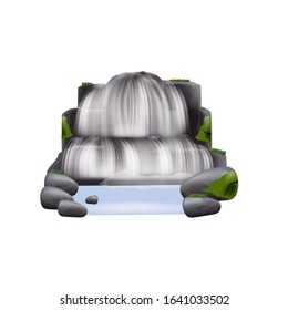 Element of natural landscape the realistic cascade stream of river waterfall flowing among mountain rocks and plants the vector illustration isolated on white background.