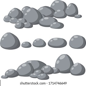 Element of nature, mountains, rocks, caves. Flat illustration. Minerals, boulder and cobble. Set of gray granite stones of different shapes.