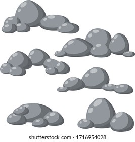 Element of nature, mountains, rocks, caves. Flat illustration. Minerals, boulder and cobble. Set of gray granite stones of different shapes.