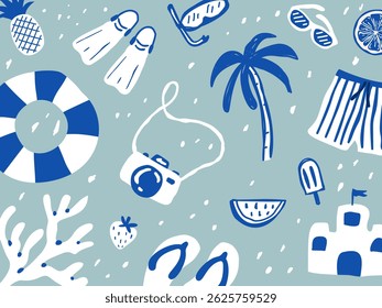 Element Nature of Summer vacation doodle style illustration set. Sea vacation collection for invitation to beach party, picnic, wedding or save the date.