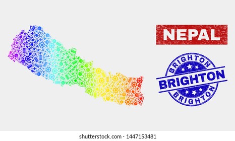 Element Nepal map and blue Brighton textured seal stamp. Colorful gradient vector Nepal map mosaic of engineering parts. Blue rounded Brighton stamp.