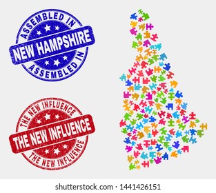 Element New Hampshire State map and blue Assembled seal stamp, and The New Influence distress seal stamp. Colored vector New Hampshire State map mosaic of plugin items.